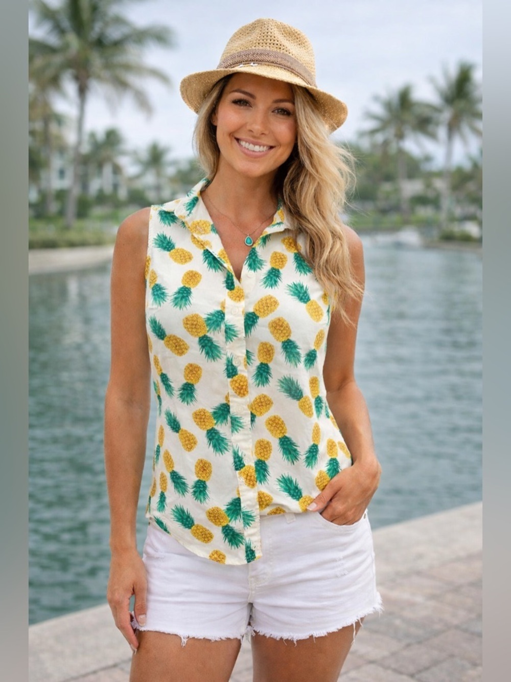 NWT | J. Crew | Pineapple Print Sleeveless Button Down Collared Top - Size S